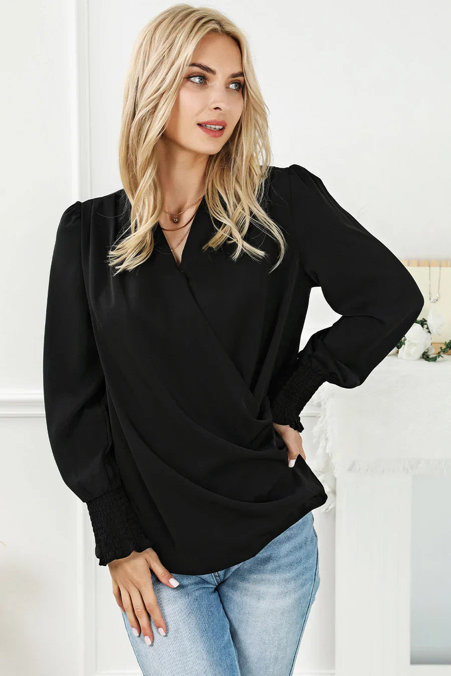 Women's draped wrap-neck blouse