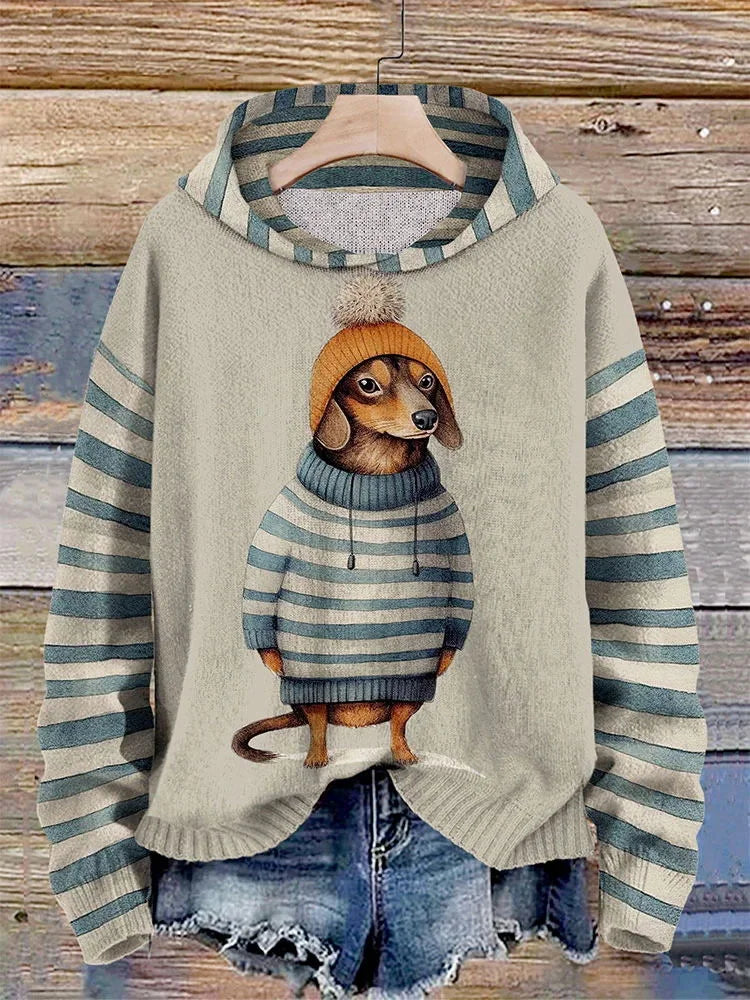 Women's hoodie with cute dachshund in dress print