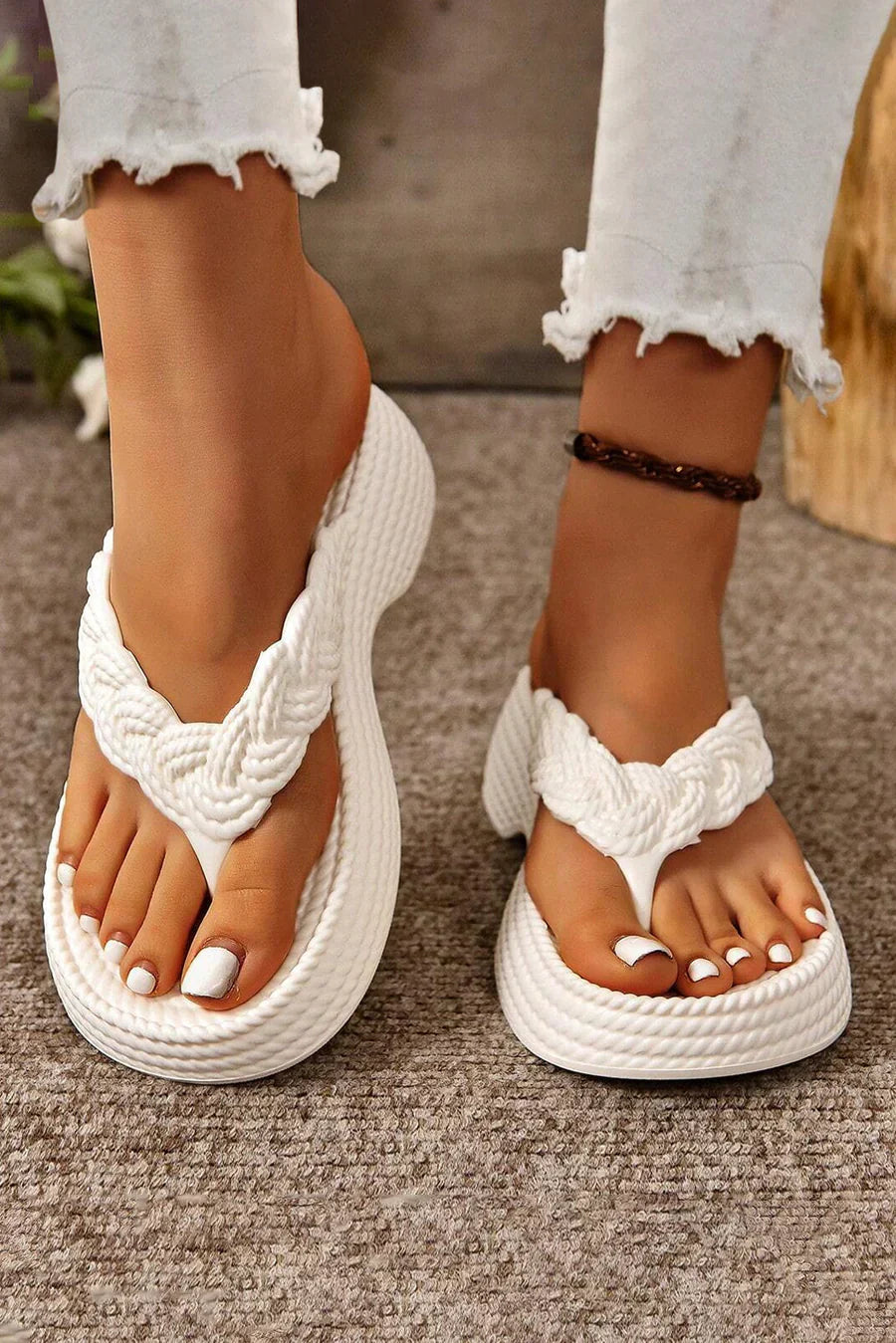 White braided slippers with thick sole for women