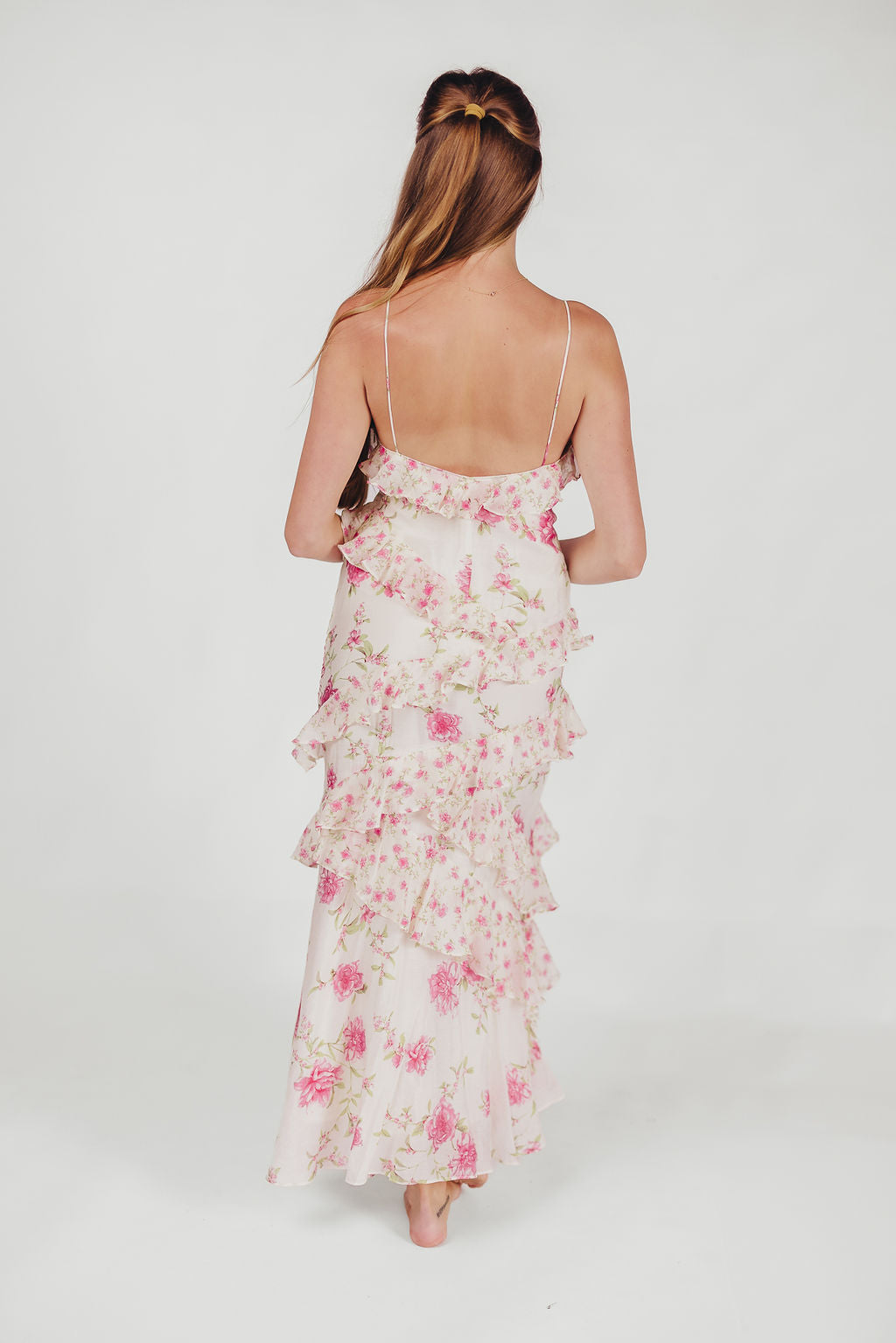 Amelia ruffle maxi dress in ivory/pink floral