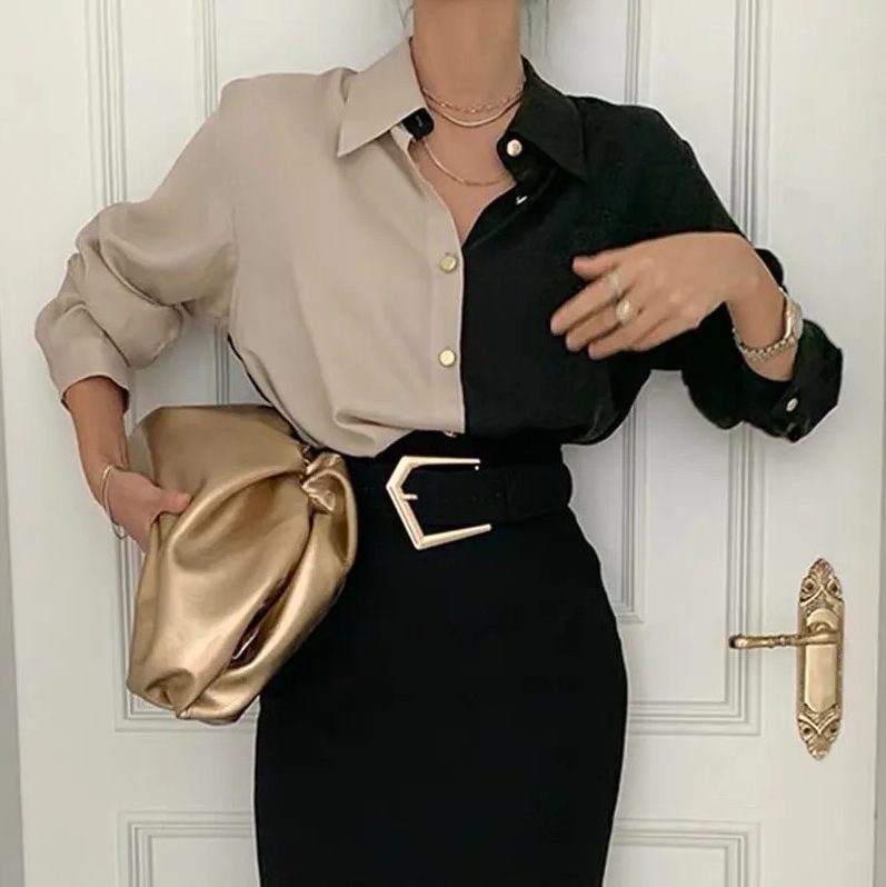 Vintage two-tone long-sleeved blouse for women