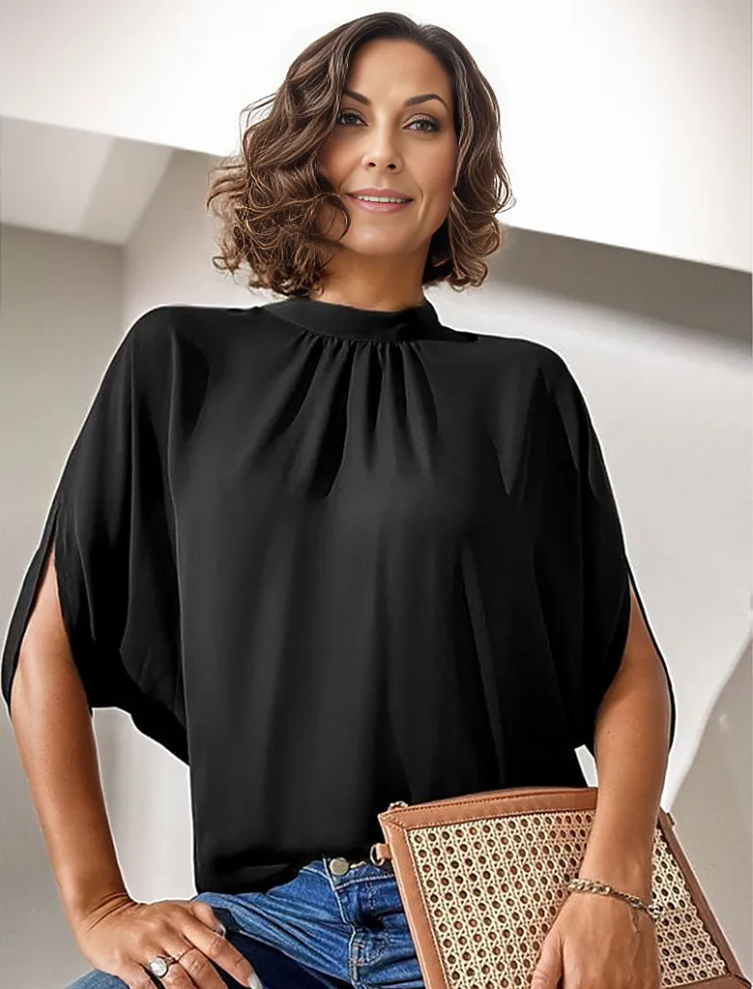 SpringStyle - black solid color top with short sleeves