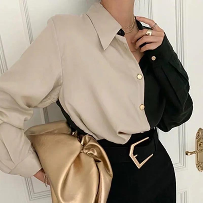 Vintage two-tone long-sleeved blouse for women