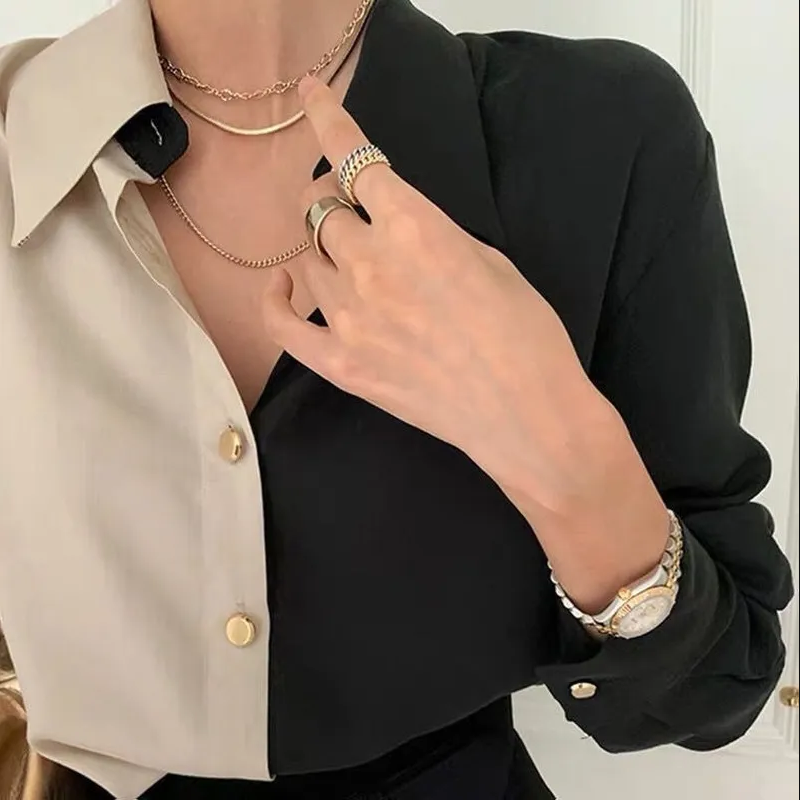 Vintage two-tone long-sleeved blouse for women