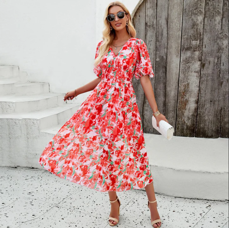 Alette | midi dress with puff sleeves and floral print
