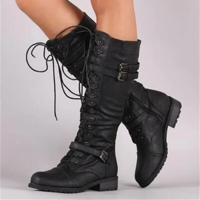 Women's flat vintage lace-up boots with steampunk style buckles