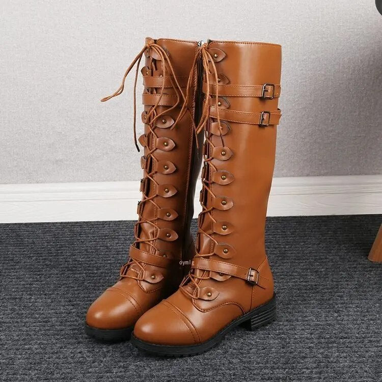 Women's flat vintage lace-up boots with steampunk style buckles