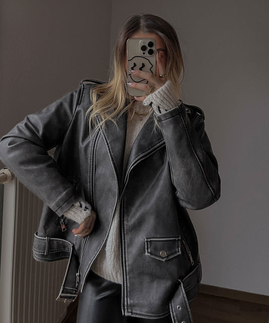 Zita - vegan oversized leather jacket dark gray
