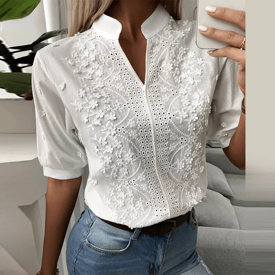 Hollow out v-neck lace blouse for women