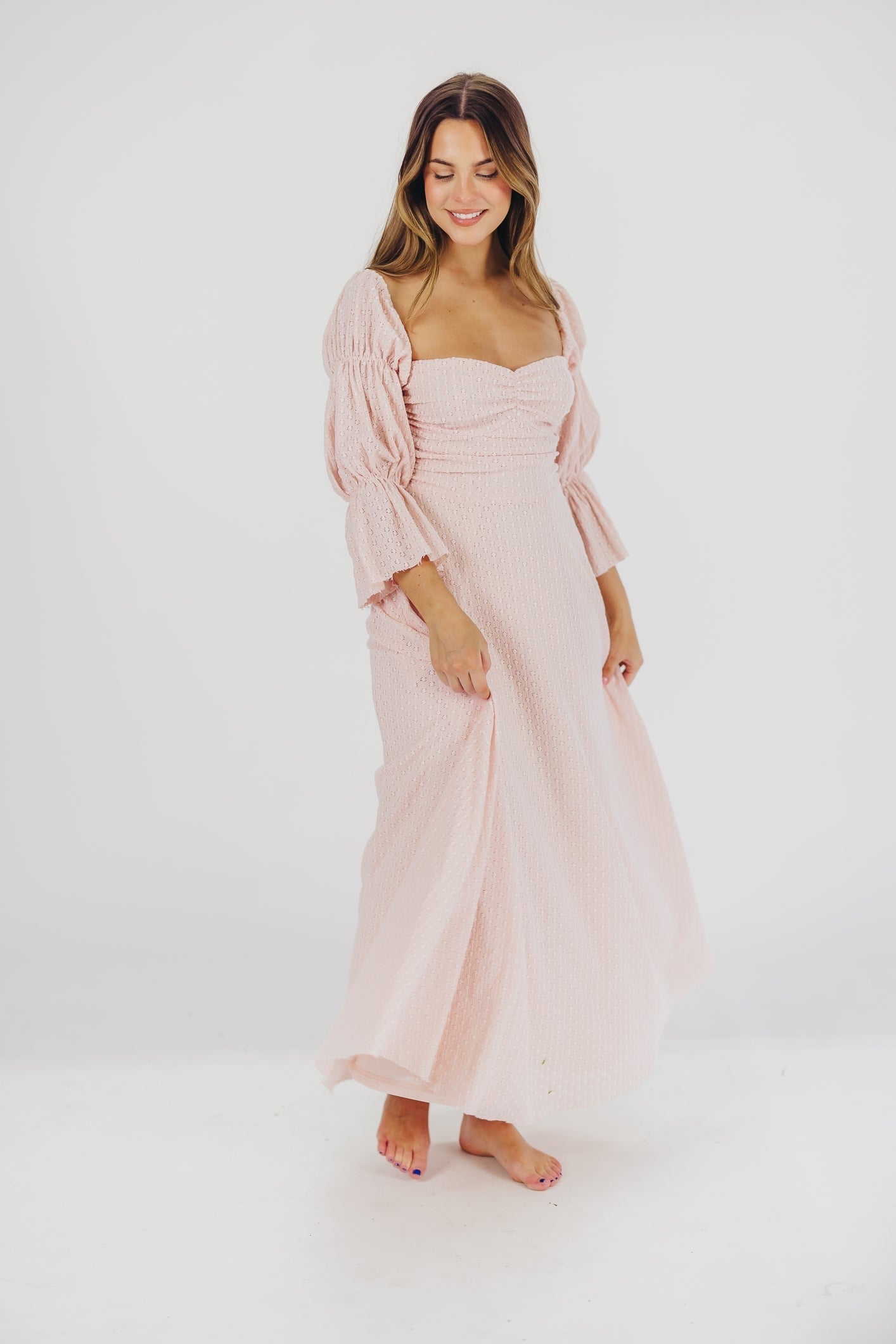 Corrine maxi dress with tiered sleeves and pockets in ballerina pink - bump friendly
