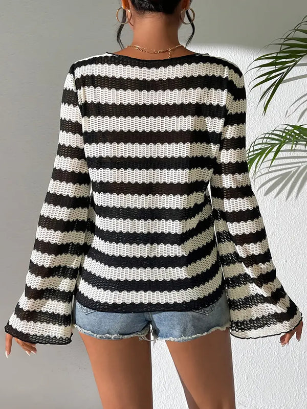 Dana - elegant striped t-shirt with neckline and bell sleeves for women