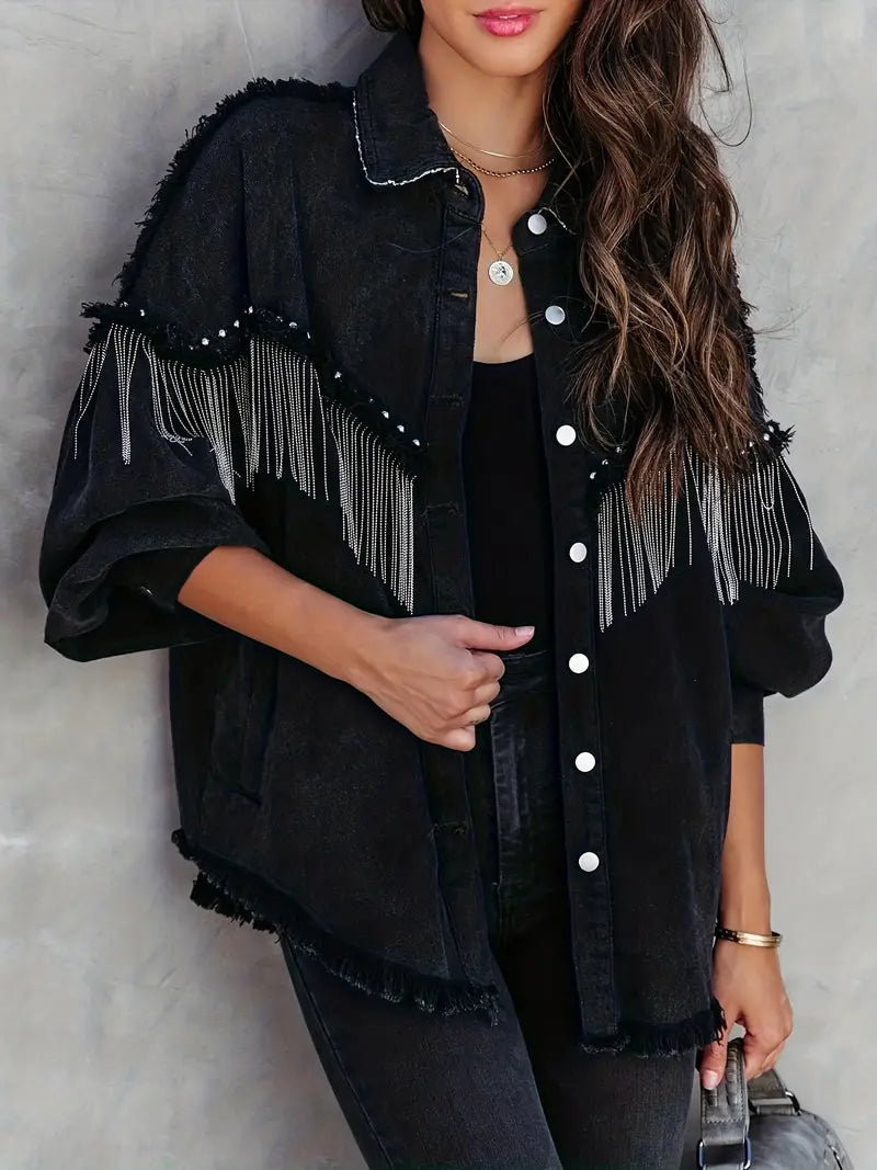 Studded street style black fringed decor denim jacket