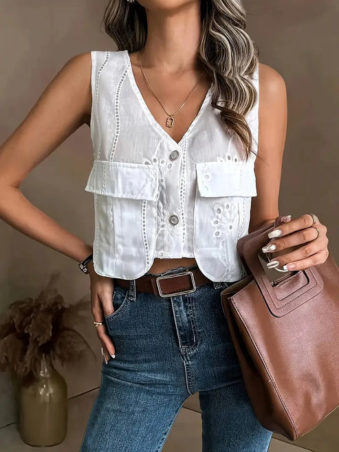 Brina | chic summer cardigan with floral eyelets and sleeveless V-neck