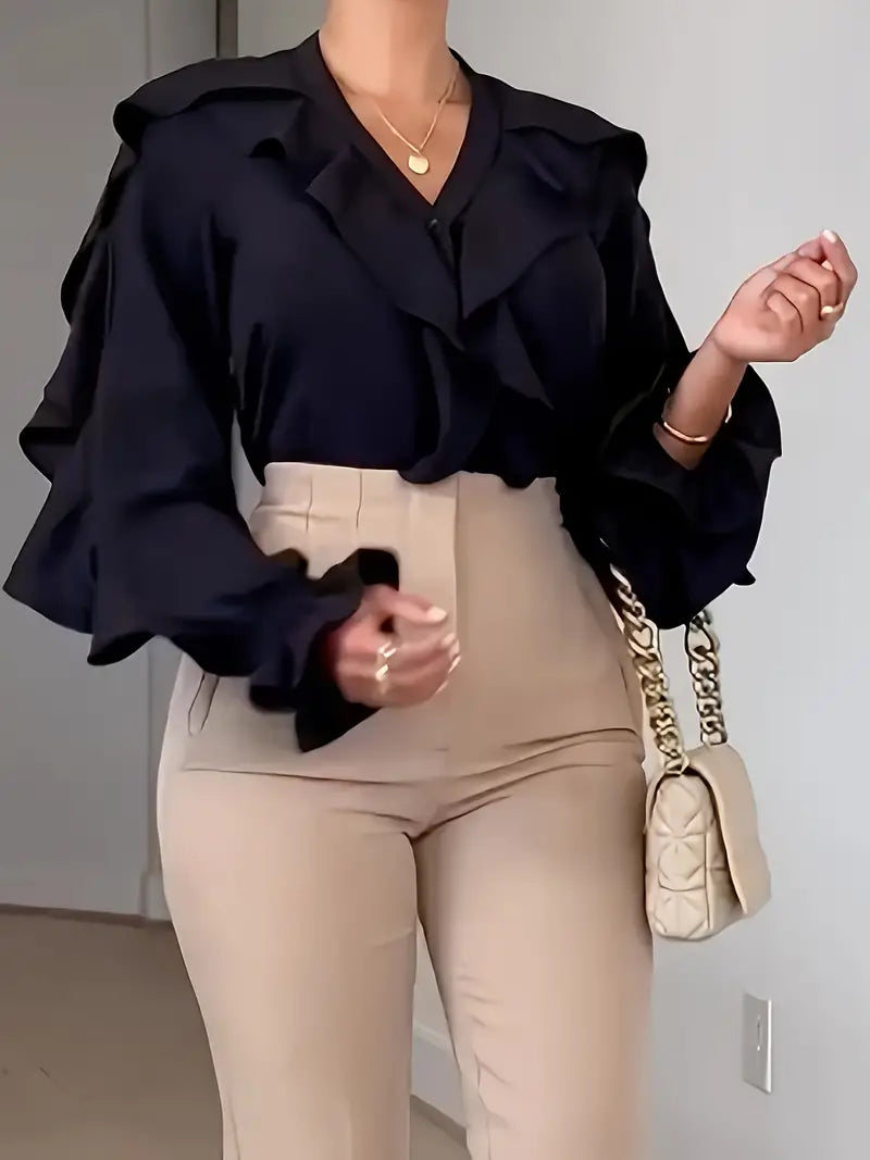 Elegant blouse with ruffles on the collar and sleeves for women
