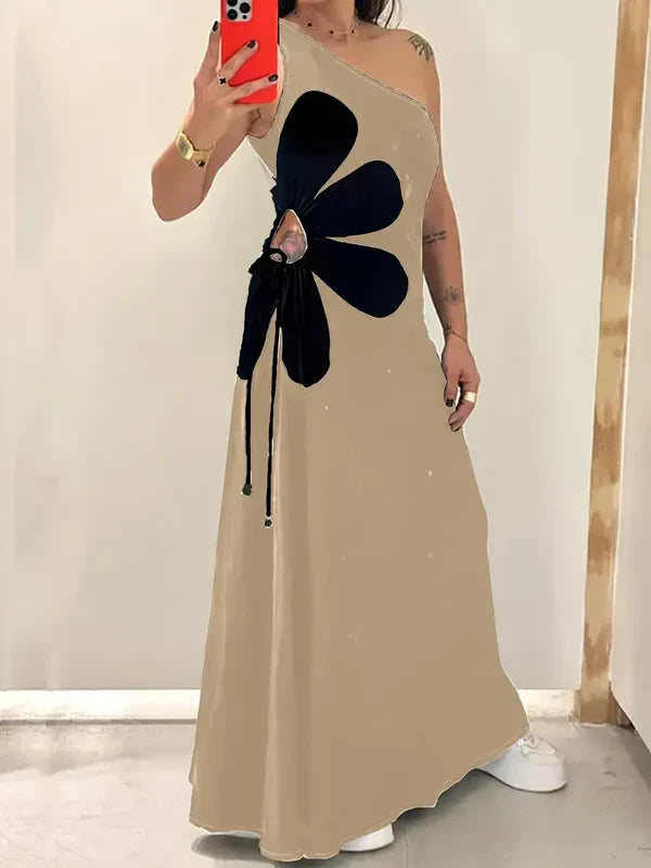 Maggie - fashionable red one shoulder women's dress with pink floral print, sleeveless