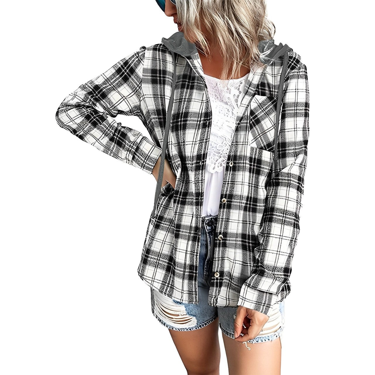 Nina - checked jacket with hood and drawstring