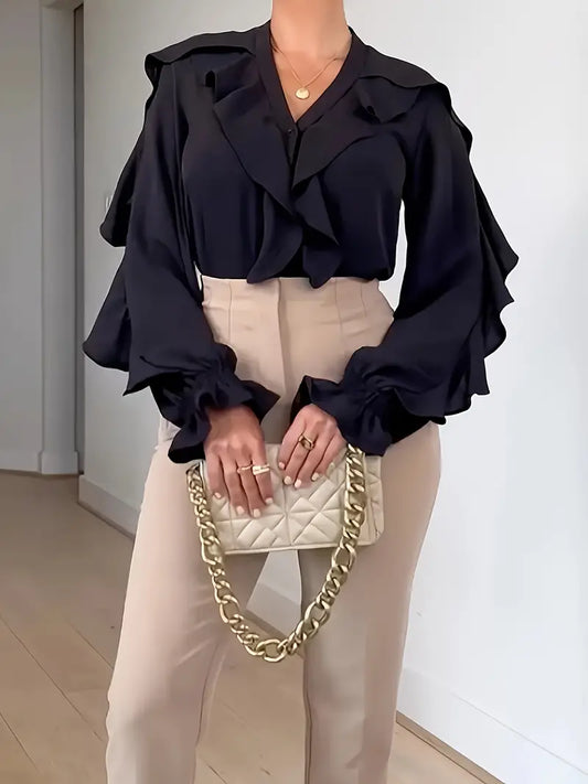 Elegant blouse with ruffles on the collar and sleeves for women
