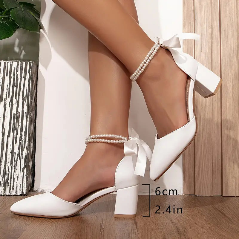Ladies Elegant White High Heels with Faux Pearl Ankle Strap