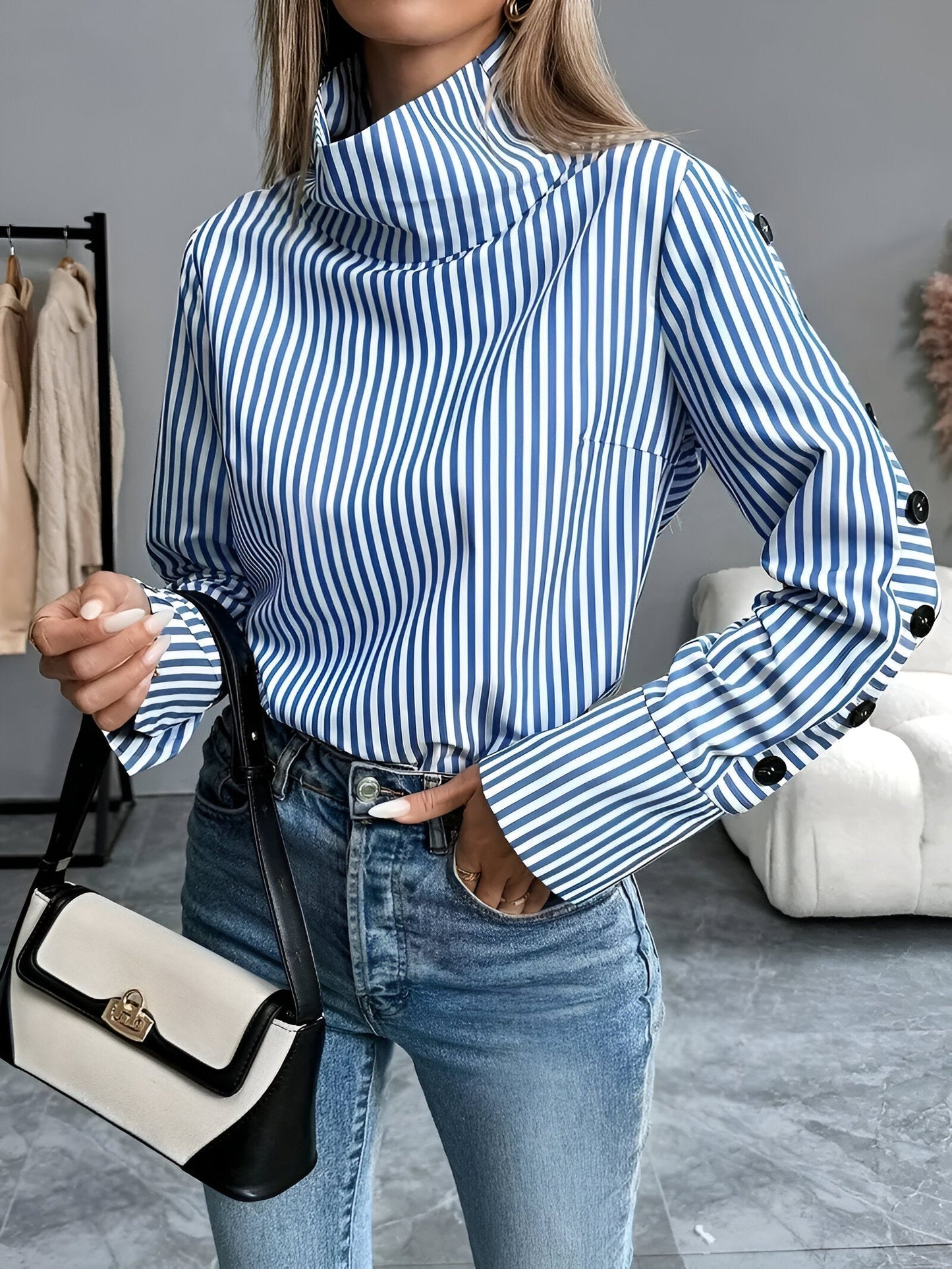 Osmara | stylish striped shirt with high collar