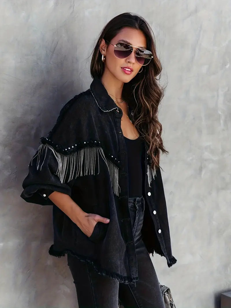 Studded street style black fringed decor denim jacket