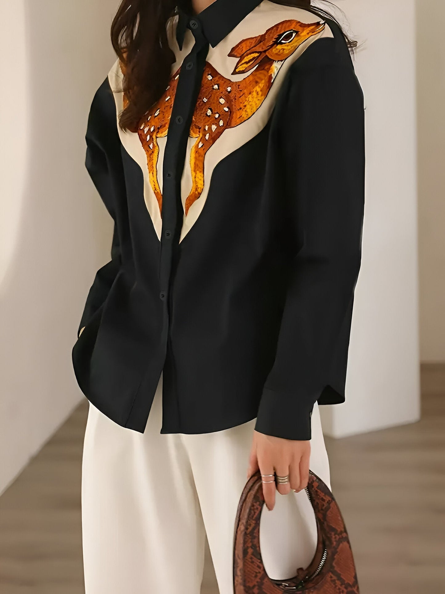 Mathildis | elegant top with digital print of sika deer