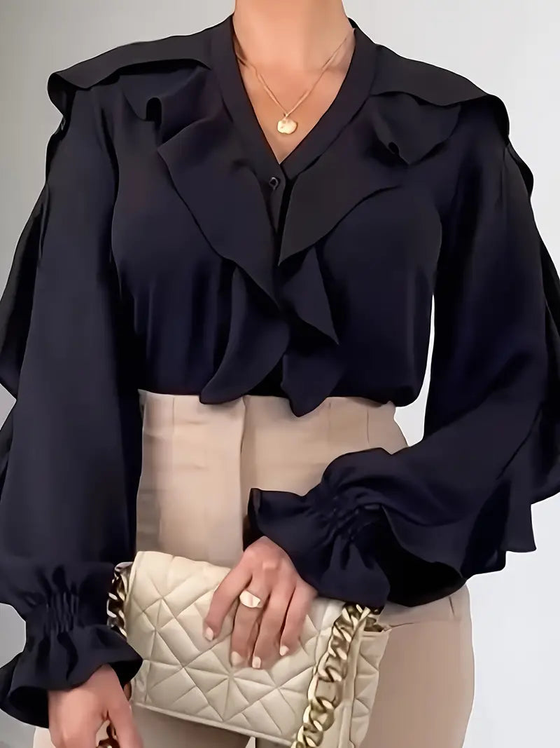 Elegant blouse with ruffles on the collar and sleeves for women