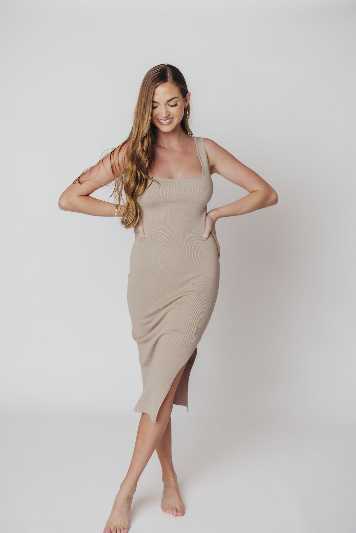 Square neck knit slit dress in latte