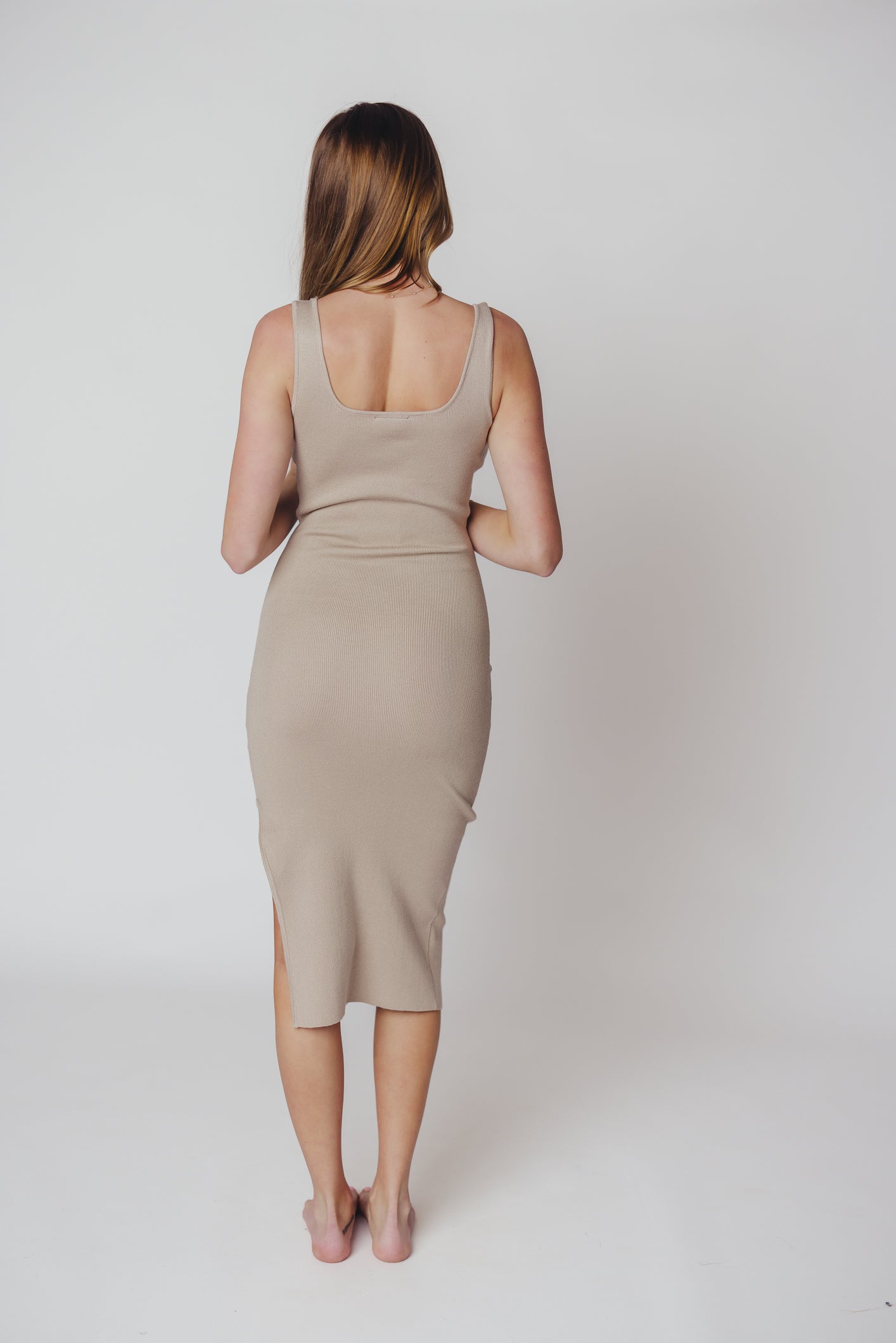 Square neck knit slit dress in latte