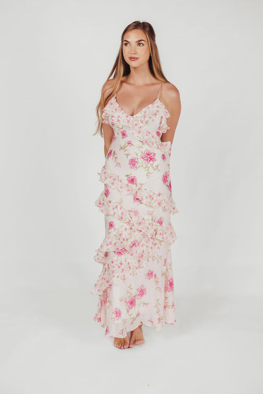 Amelia ruffle maxi dress in ivory/pink floral