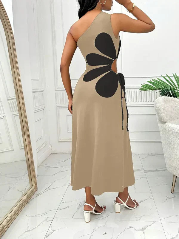 Maggie - fashionable red one shoulder women's dress with pink floral print, sleeveless