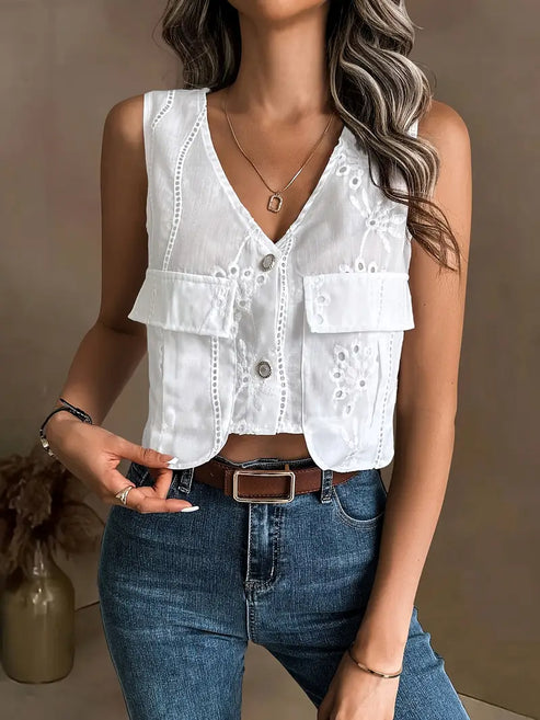 Brina | chic summer cardigan with floral eyelets and sleeveless V-neck