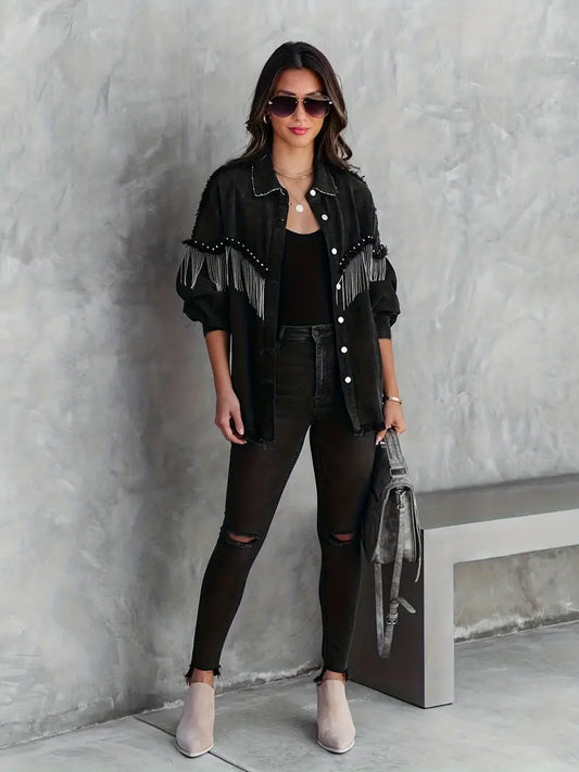 Studded street style black fringed decor denim jacket