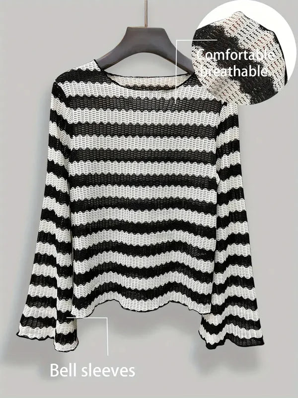 Dana - elegant striped t-shirt with neckline and bell sleeves for women