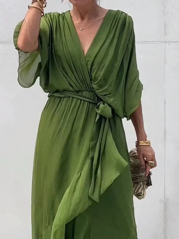 Luisa – green chiffon dress with v-neck