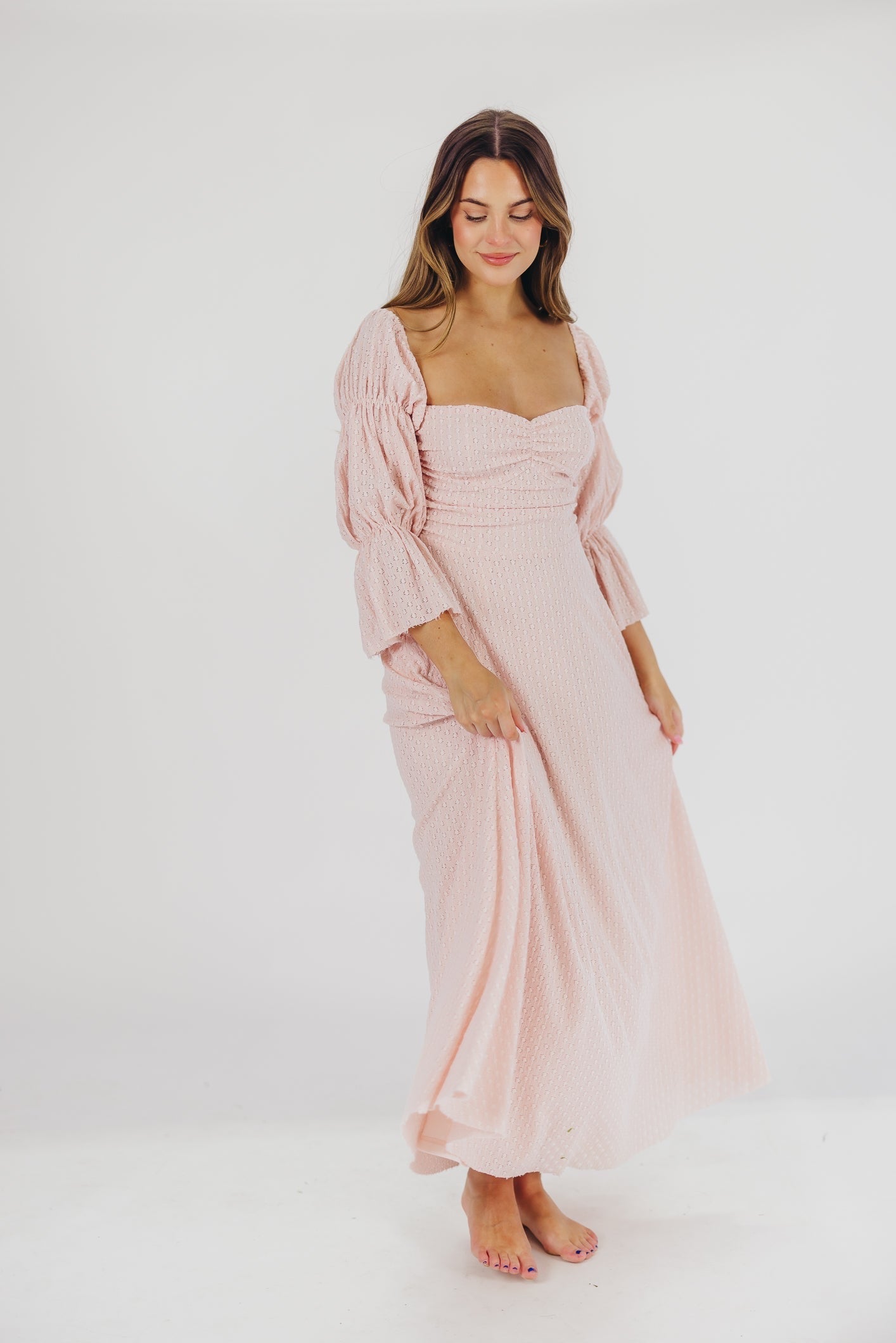 Corrine maxi dress with tiered sleeves and pockets in ballerina pink - bump friendly