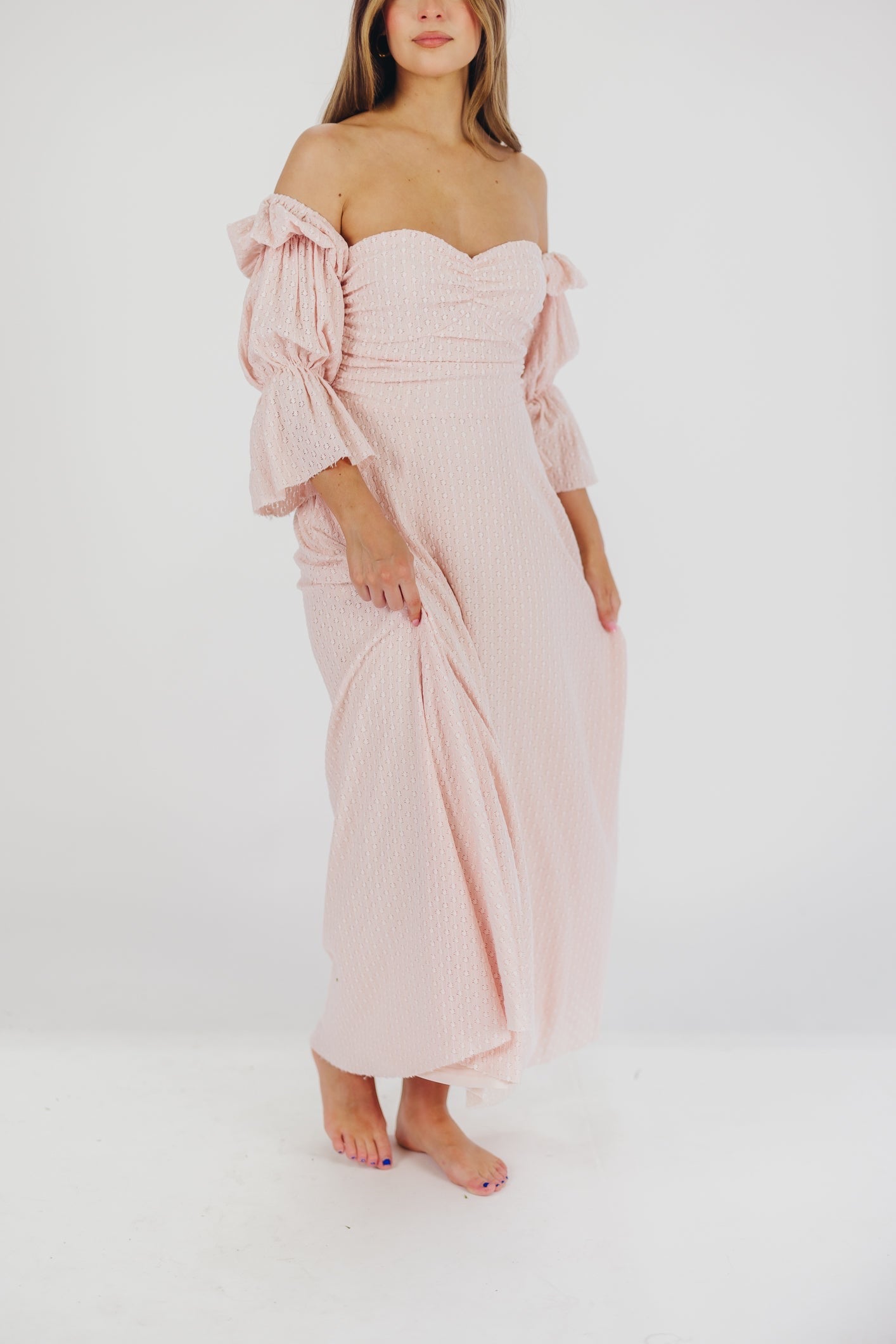 Corrine maxi dress with tiered sleeves and pockets in ballerina pink - bump friendly