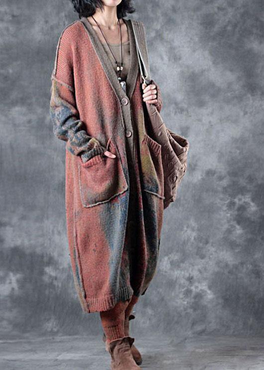 Boho orange V neck pockets fall button knit sweater cardigans