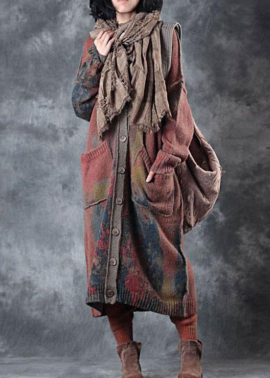 Boho orange V neck pockets fall button knit sweater cardigans