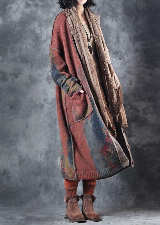 Boho orange V neck pockets fall button knit sweater cardigans