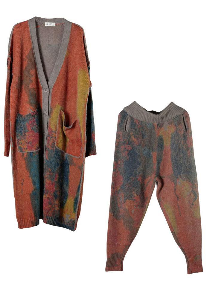 Boho orange V neck pockets fall button knit sweater cardigans