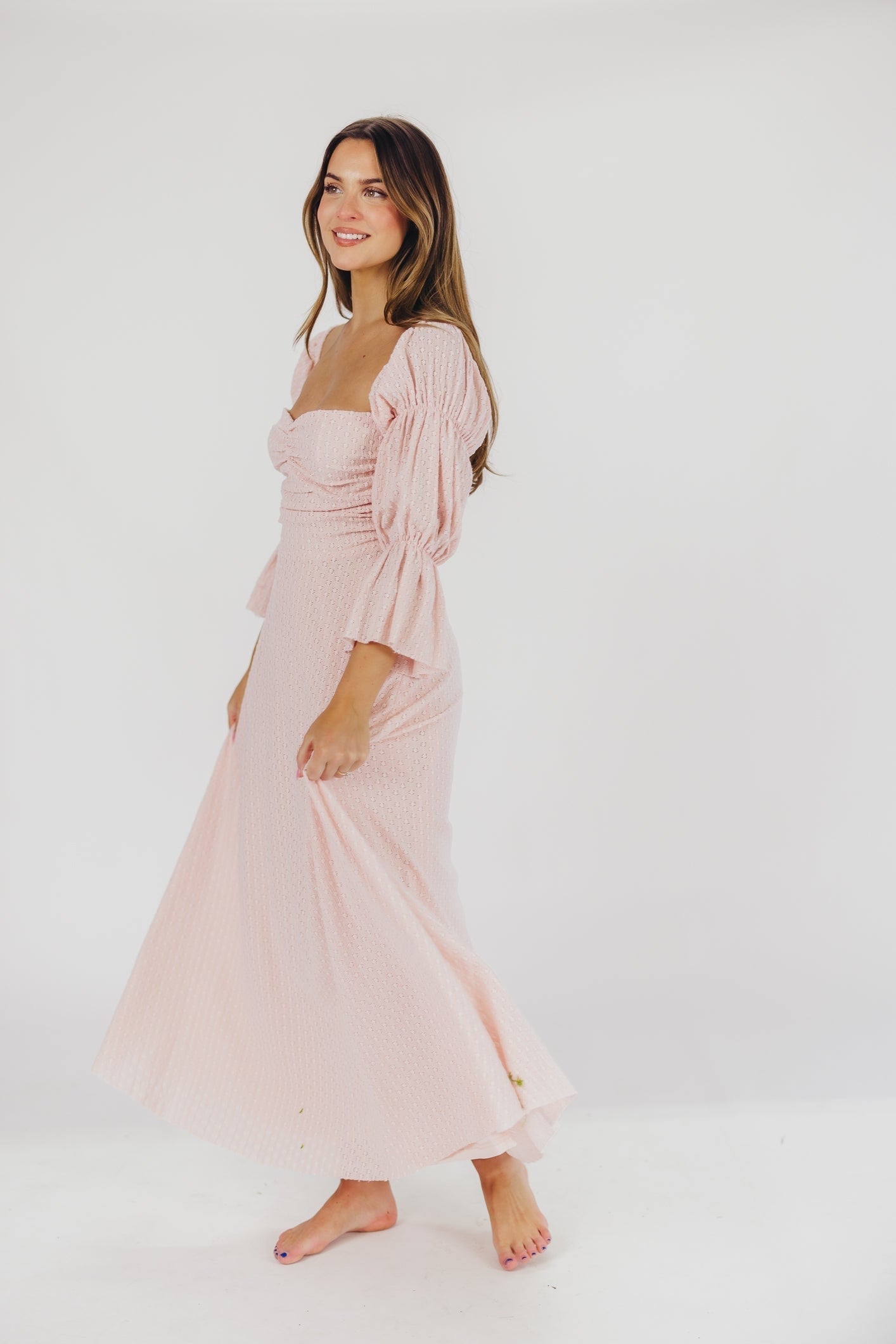 Corrine maxi dress with tiered sleeves and pockets in ballerina pink - bump friendly