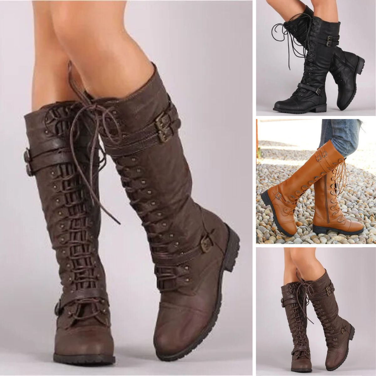Women's flat vintage lace-up boots with steampunk style buckles