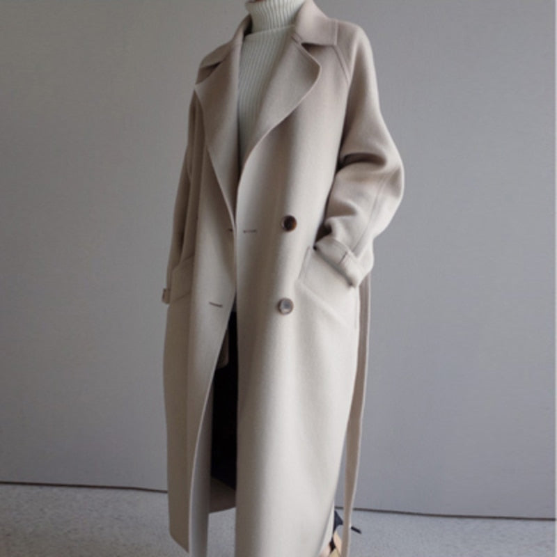 Elegant long woolen women's coat - timeless and warm