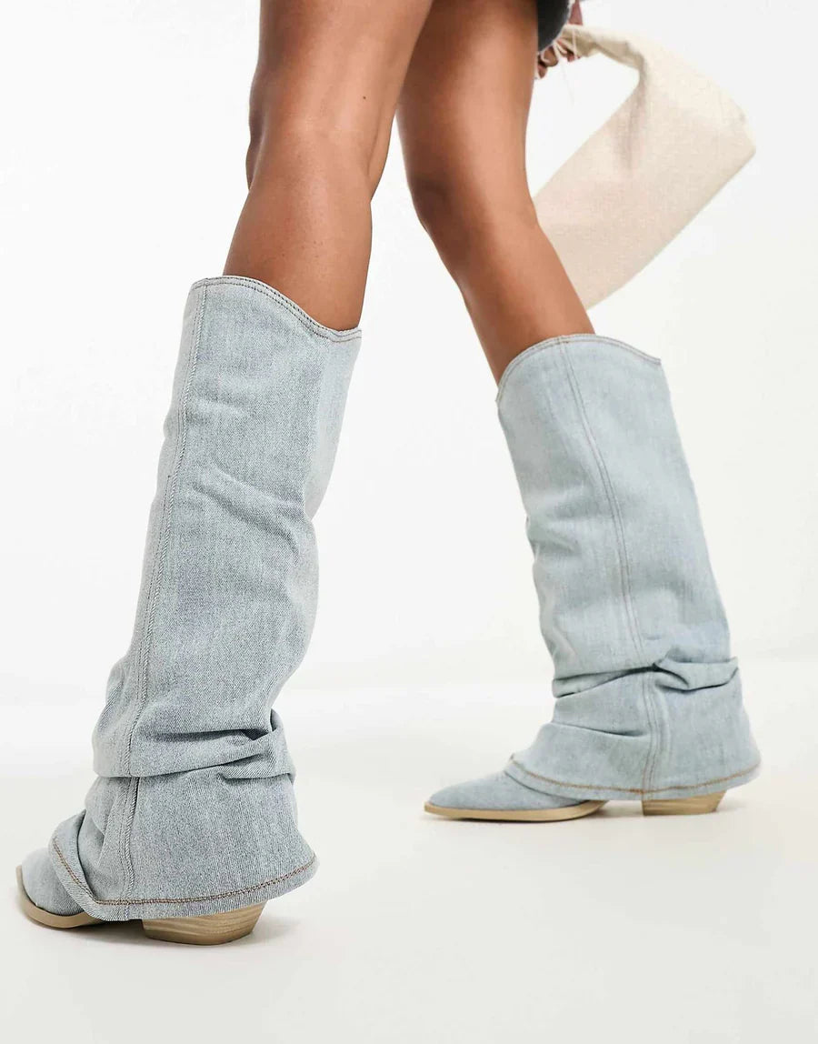 Knee-high denim fashion boots for women