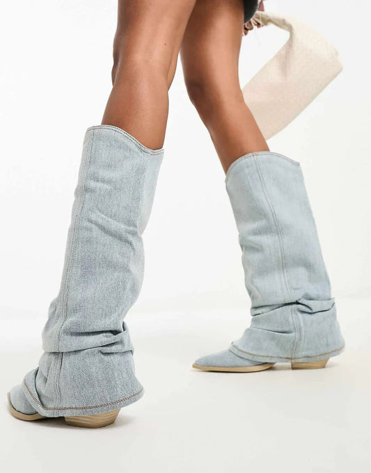 Knee-high denim fashion boots for women