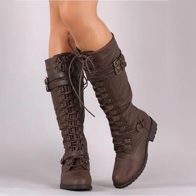 Women's flat vintage lace-up boots with steampunk style buckles