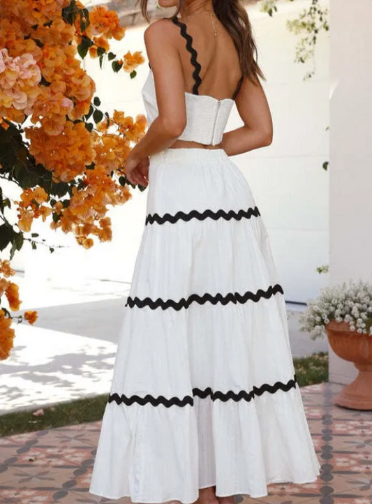 Ibrahimu | plain crop top with wave design layered skirt set