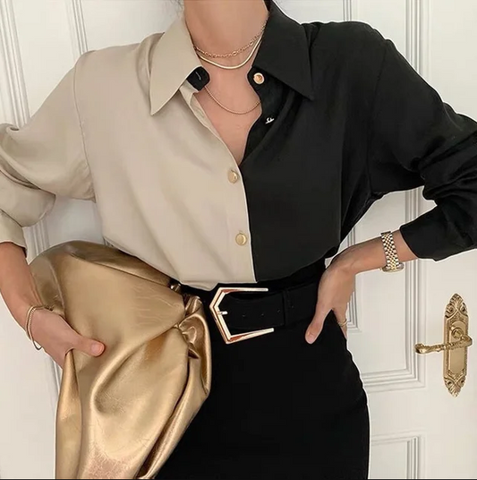 Vintage two-tone long-sleeved blouse for women