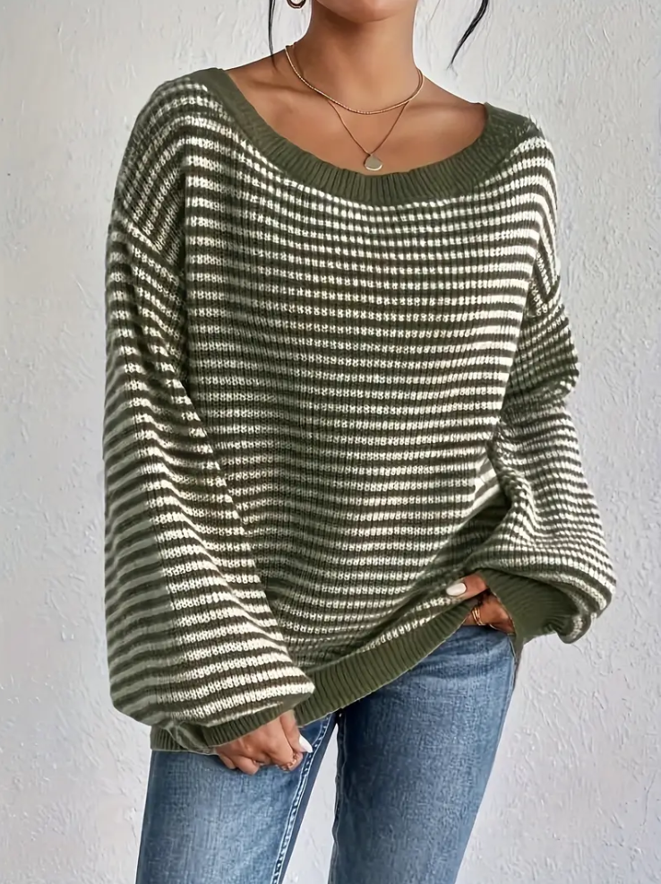Olive green - knitted sweater with dropped shoulders
