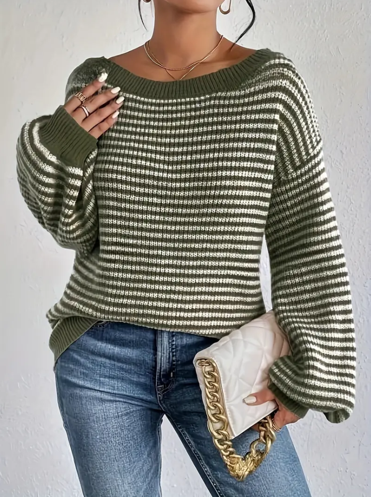 Olive green - knitted sweater with dropped shoulders